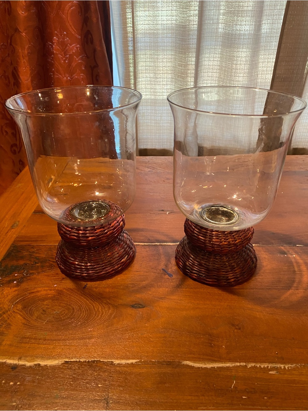 Clear Glass Hurricane Candleholders with Woven Rattan Pedestal Bases -